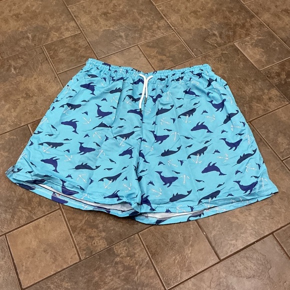 💥3/$30💥 Blue Shark Whale Fish Print Swim Shorts - Picture 1 of 3